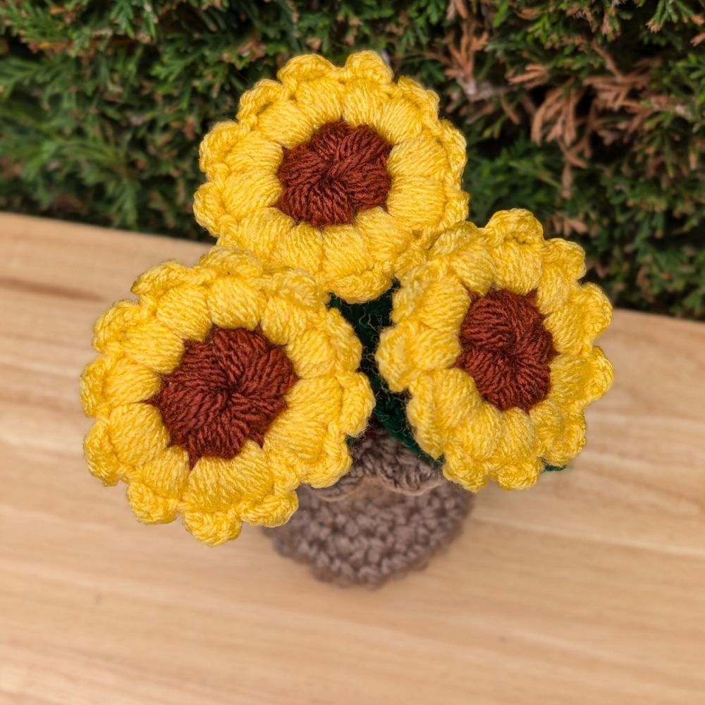 3 Crochet Sunflower Plants in a soft stuffed Vase — Front