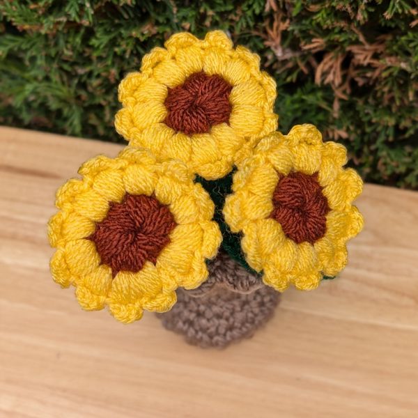 3 Crochet Sunflower Plants in a soft stuffed Vase