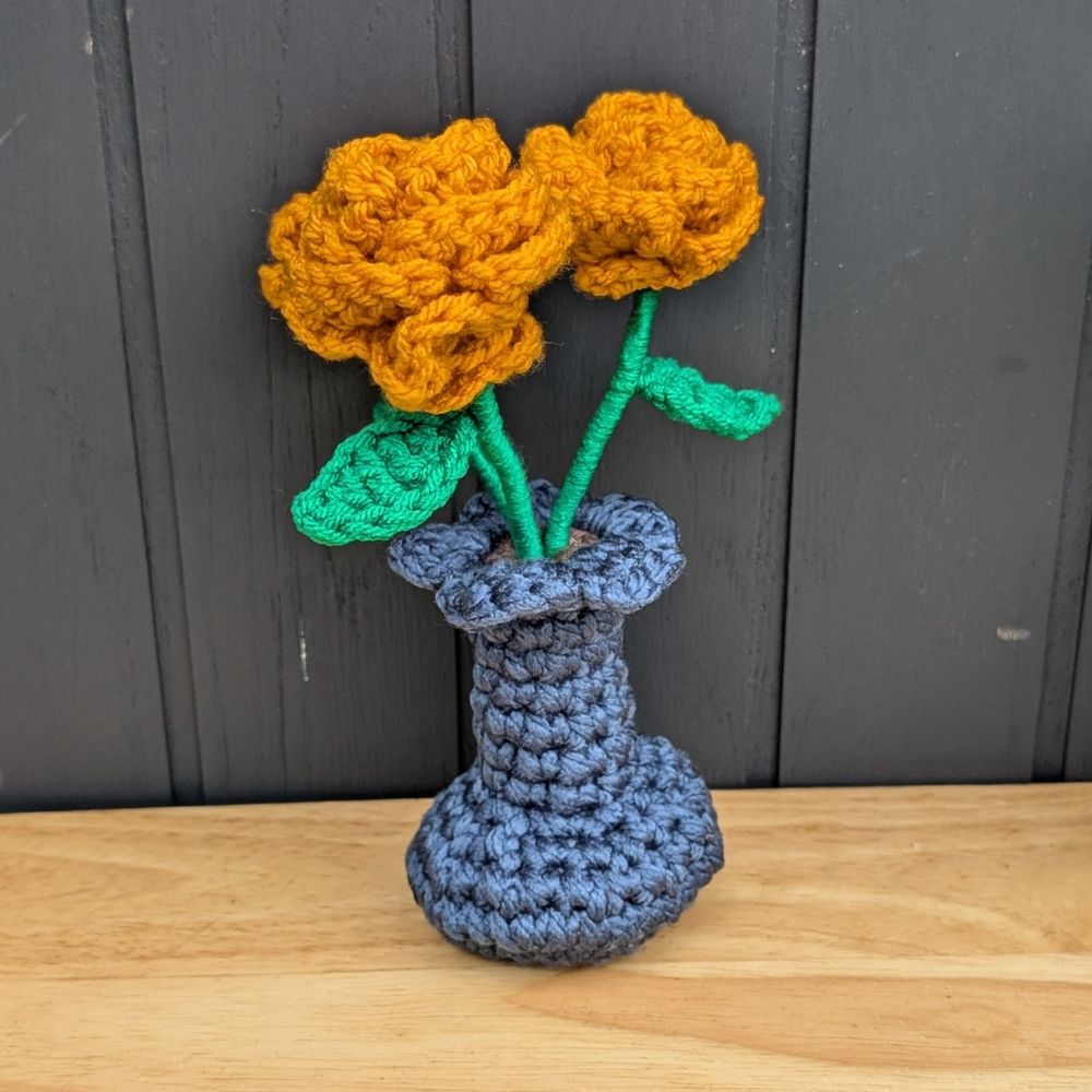 3 Mustard yellow Crochet Roses in a Soft Stuffed Vase — Front