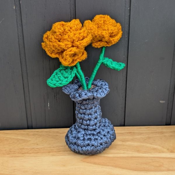 3 Mustard yellow Crochet Roses in a Soft Stuffed Vase