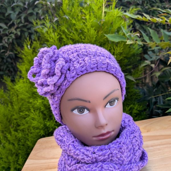 Warm crochet winter flower beanie hat with a matching round scarf christmas gift