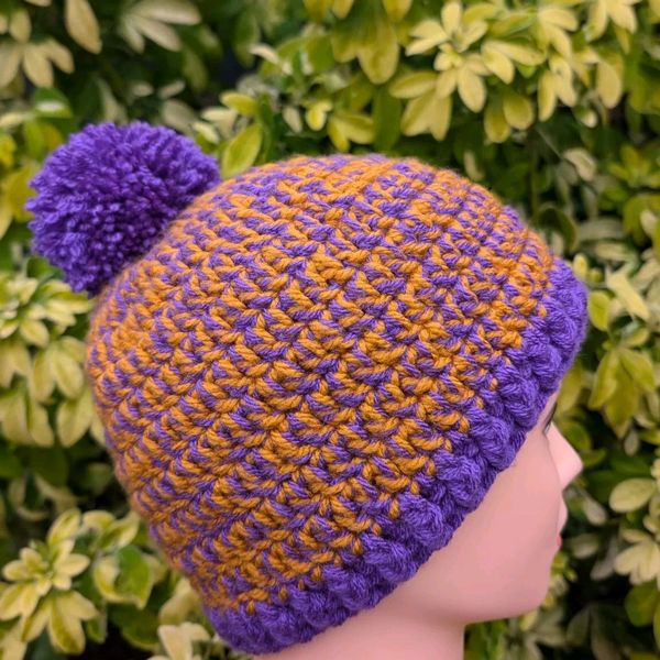 Purple and Mustard Ladies Beanie Bobble Pom Pom Warm Winter hat