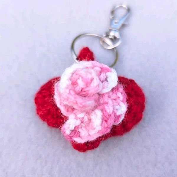 Mini Valentine Crochet Heart Amigurumi Plush with a pink rose Keyring